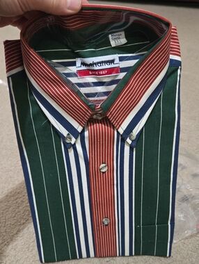 Manhattan Short Sleeve Striped Button-Down Shirt - Green & Red